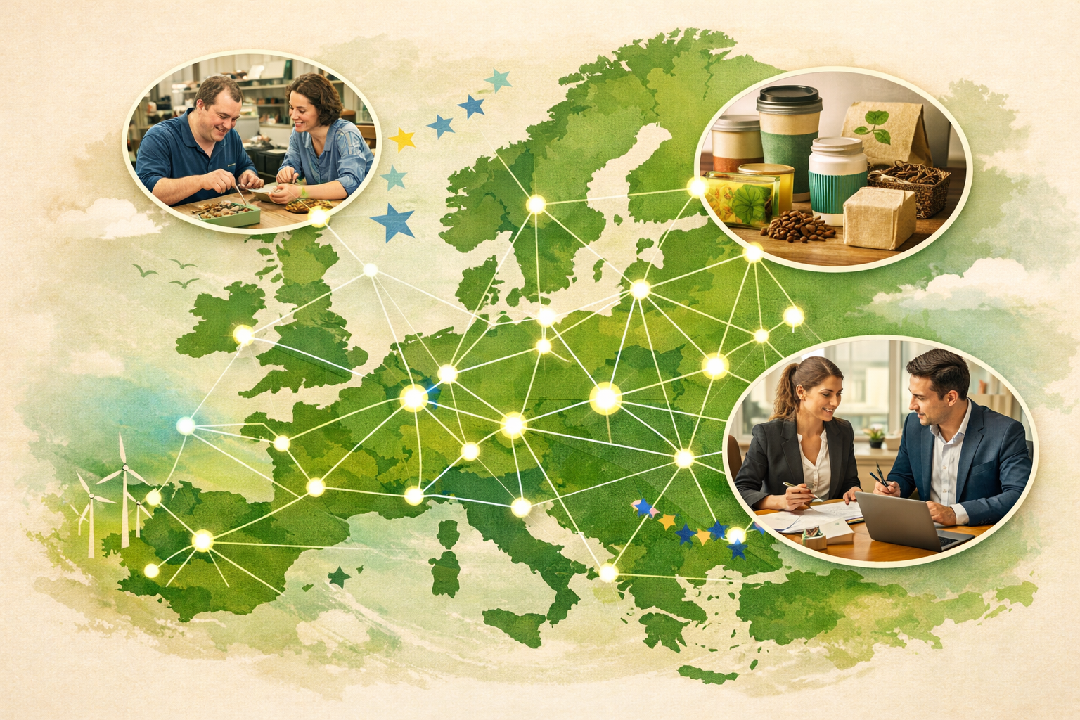 Europakarte mit vernetzten Organisationen der Sozialwirtschaft, includo Blog - Illustration erstellt mit KI