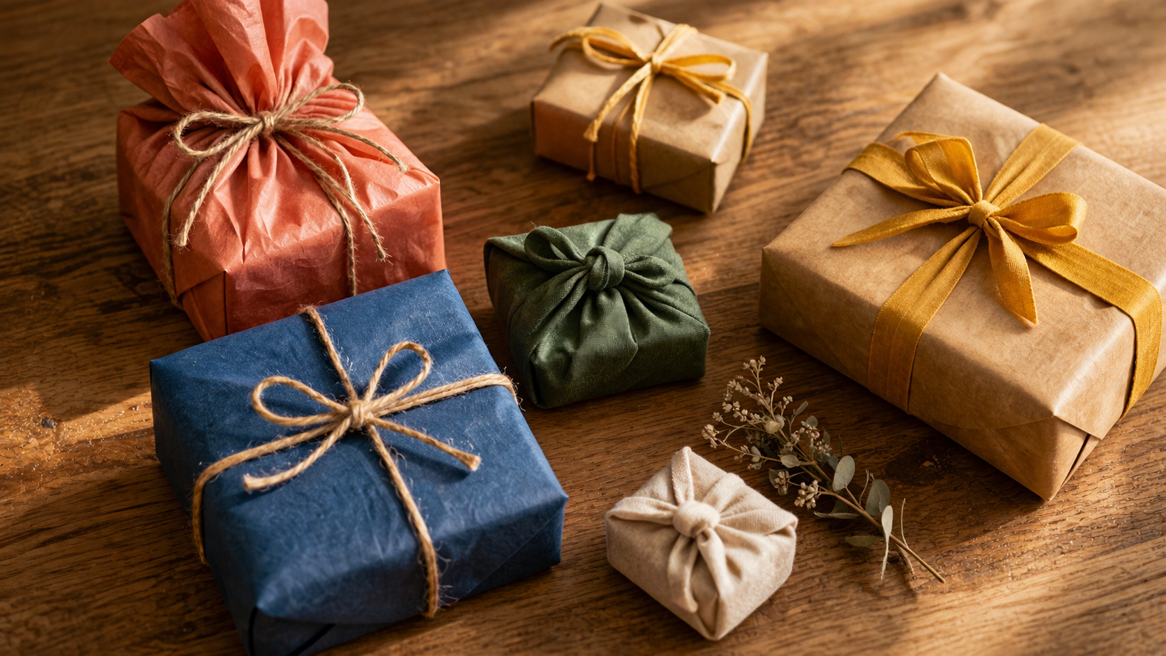 Verschieden verpackte Geschenke in bunten Farben auf warmem Holzuntergrund — includo Blog — Illustration erstellt mit KI