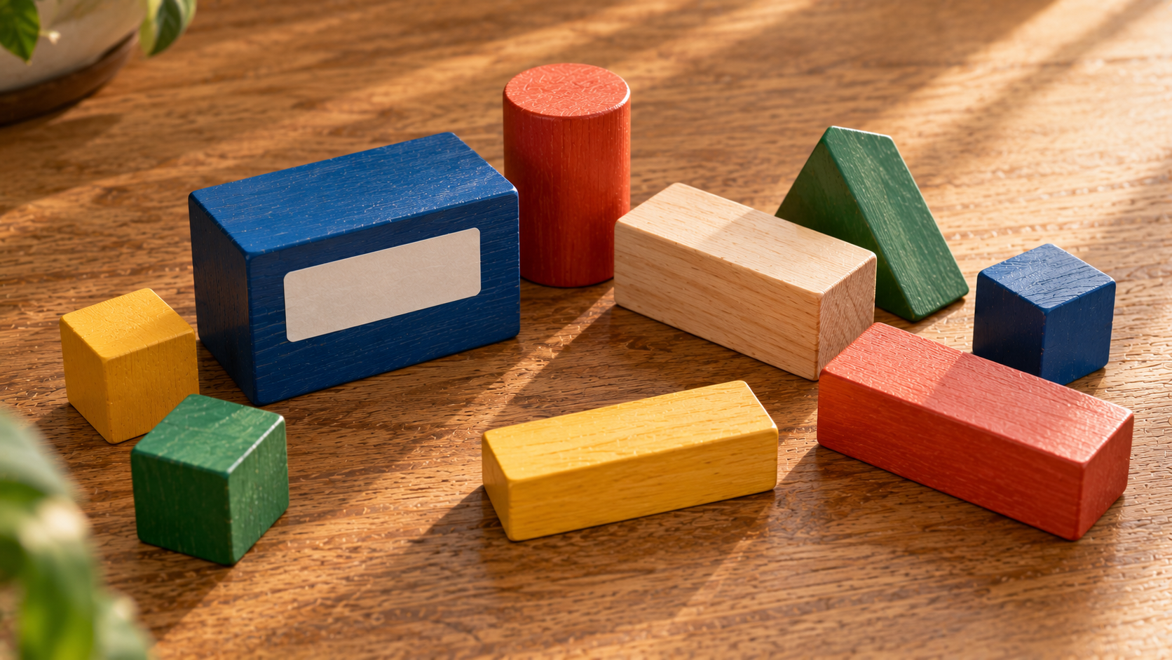 Bunte Holzbausteine in Blau, Rot, Gelb und Grün auf warmem Holzuntergrund — Metapher für Beschaffungsentscheidungen in Kitas — includo Ratgeber — Illustration erstellt mit KI