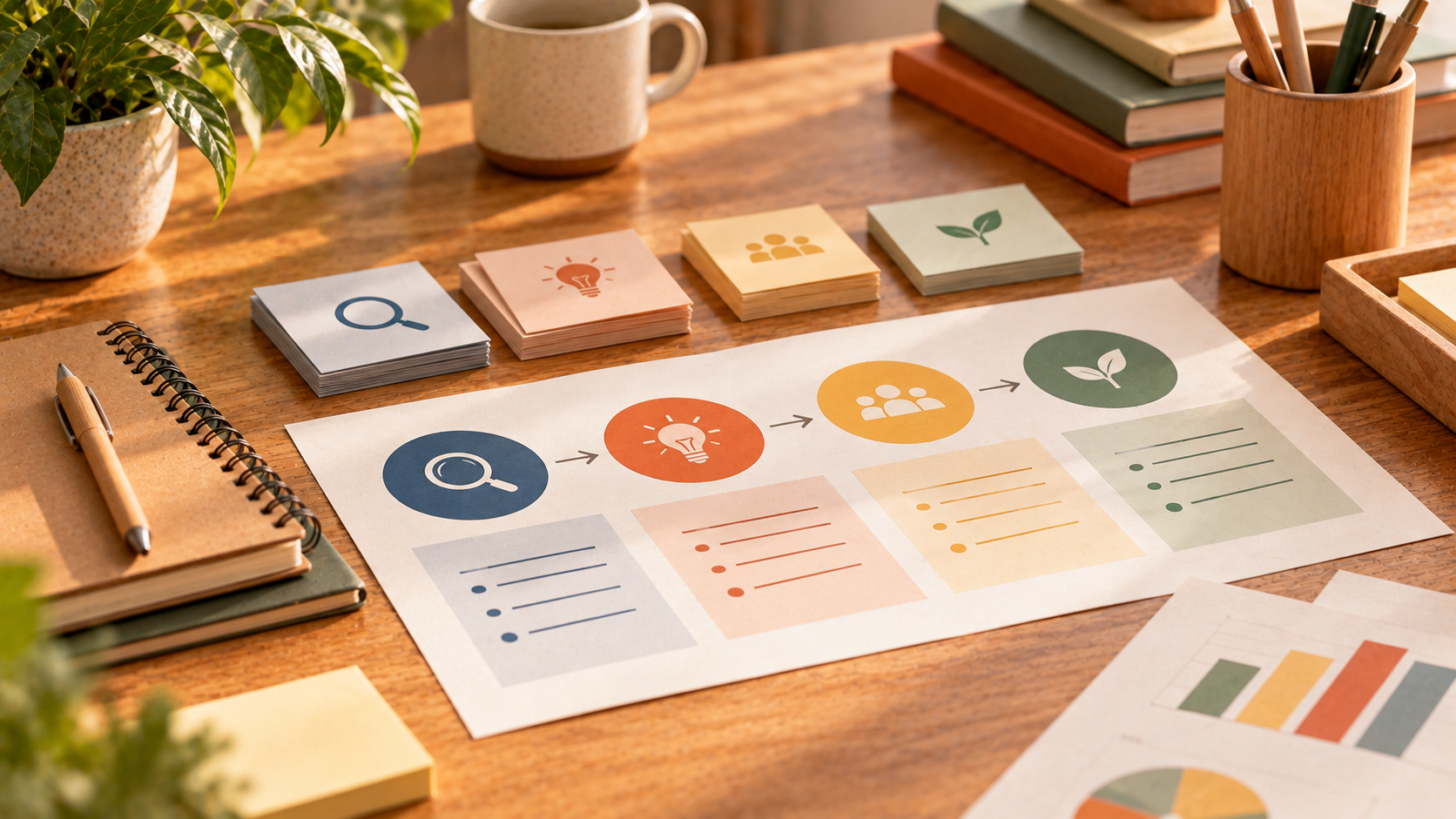 Strukturierte Arbeitsunterlagen auf einem Holztisch mit klaren visuellen Elementen als Symbol für verständliche Kommunikation im Unternehmen — Illustration erstellt mit KI