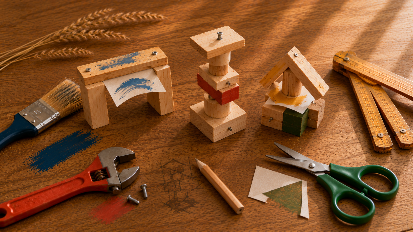 Pinsel, Schraubenschlüssel, Bleistift, Schere und Zollstock rund um drei halbfertige Holzkonstruktionen auf warmem Holzuntergrund — Metapher für gemeinsames Arbeiten aus verschiedenen Arbeitswelten — includo Ratgeber — Illustration erstellt mit KI
