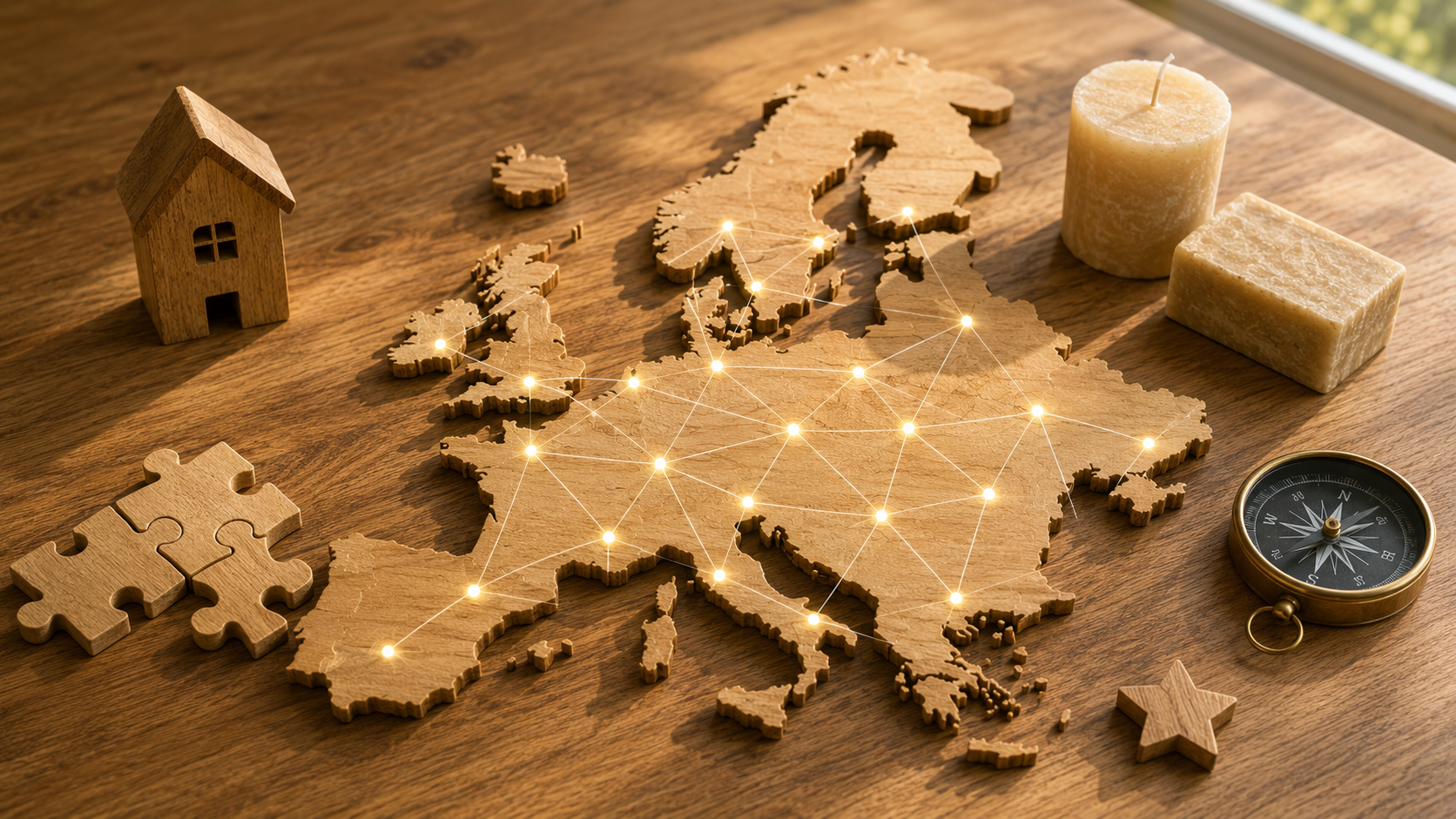 Holzkarte Europas mit vernetzten Organisationen der Sozialwirtschaft sowie Symbolen für Zusammenarbeit, soziale Einrichtungen und Orientierung — includo Blog — Illustration erstellt mit KI