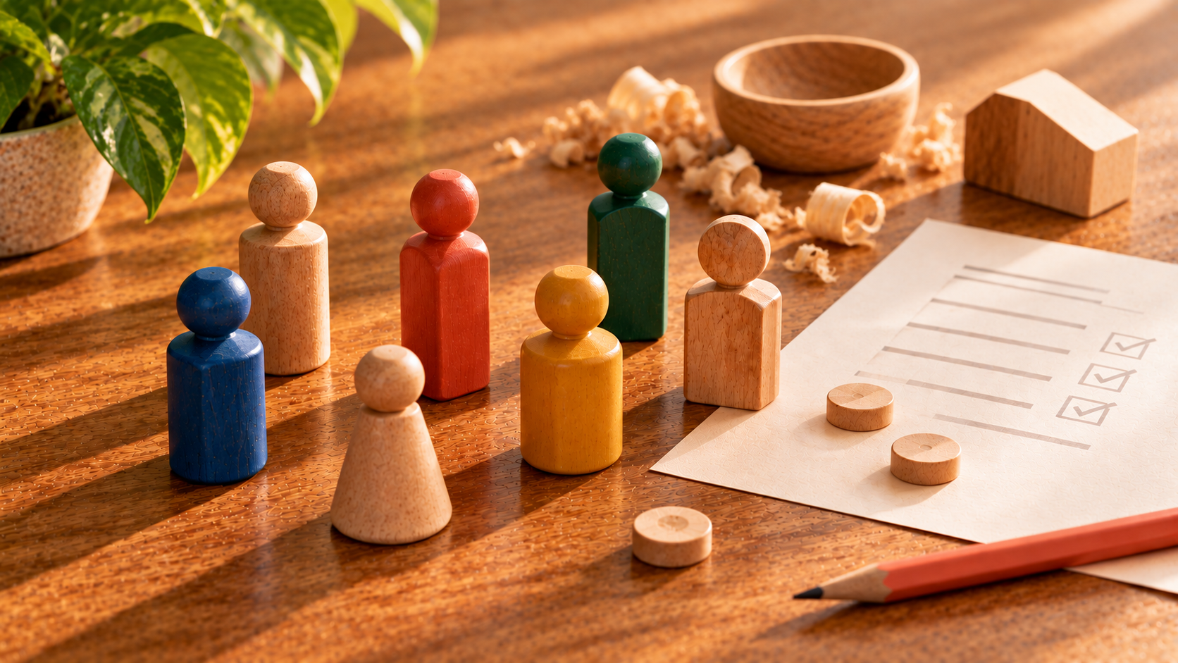 Symbolbild zur Ausgleichsabgabe mit Beschäftigten, Prüfliste und handwerklich gefertigten Holzprodukten — Illustration erstellt mit KI