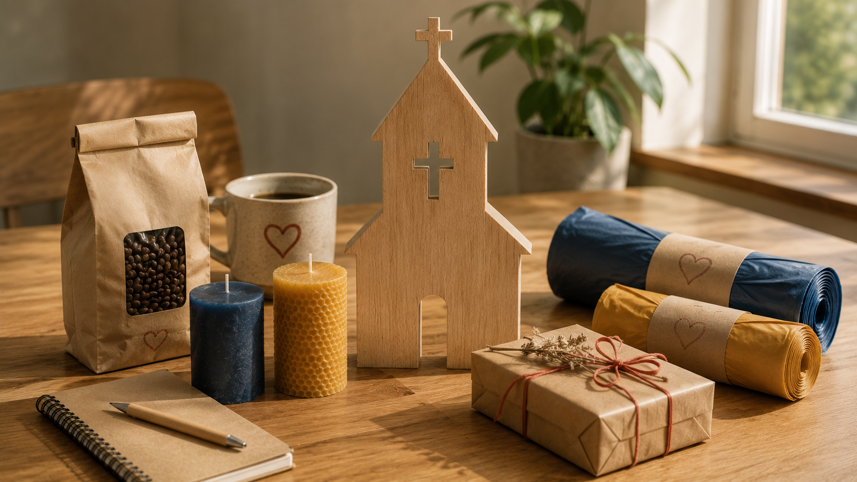 Alt-Text: Holzkirche, Fairtrade-Kaffee, Bienenwachskerzen, Notizbuch und nachhaltig verpacktes Geschenk auf einem hellen Holztisch — includo Blog — Illustration erstellt mit KI